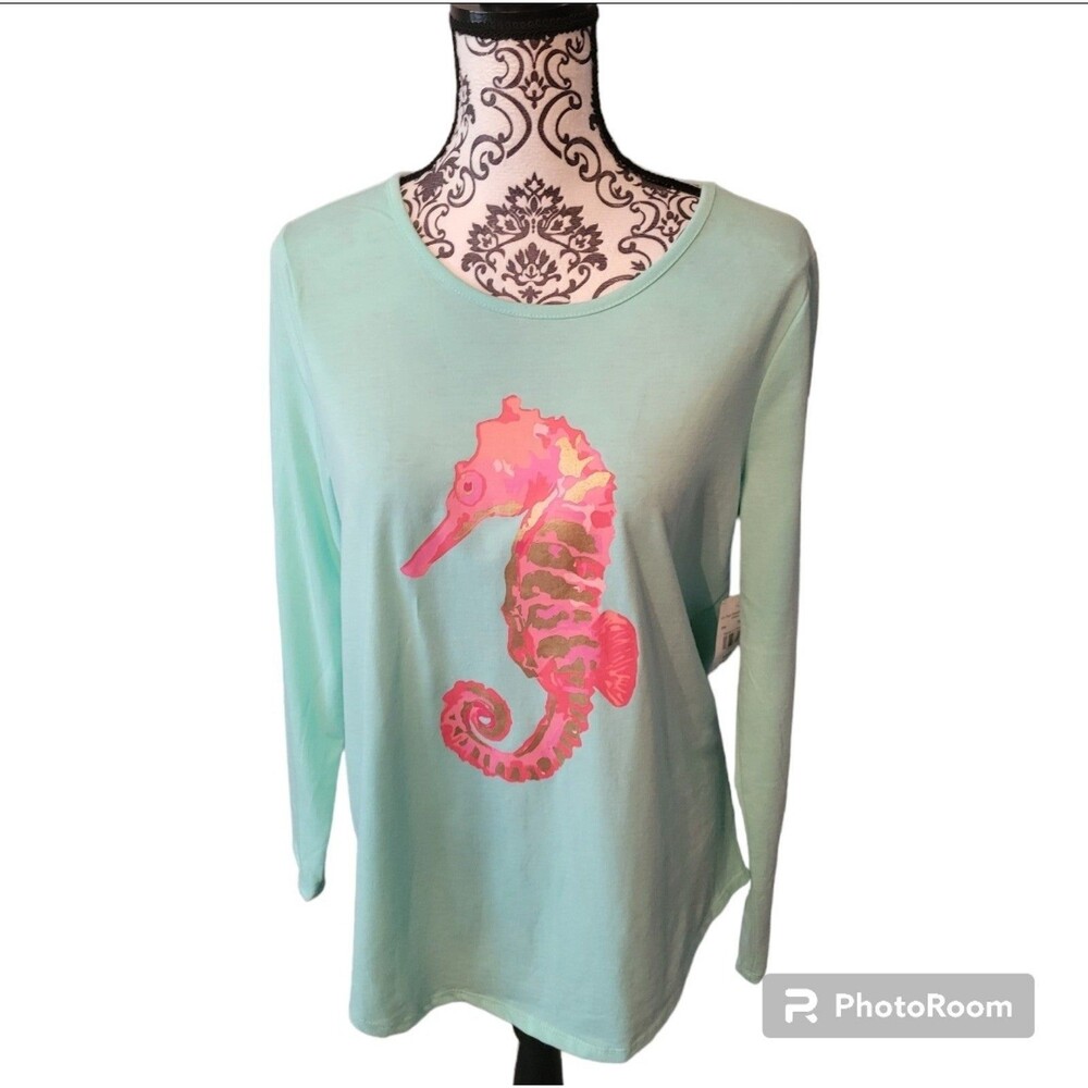 Silverwear Seahorse Graphic Long Sleeve Top Mint Green Large NWT